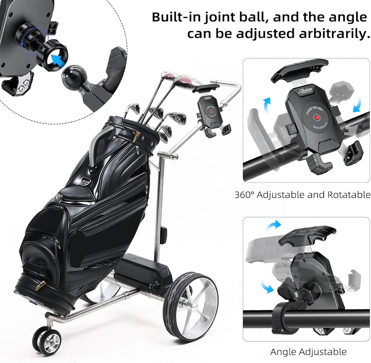 Golf Push Cart Phone Holder Mount Compatible with Caddytek,Clicgear,Sun Mountain,Rovic, Caddy, Bag Boy,Golf Push Cart Accessories for Cell Phones,Full Silicone Protection/ 360°Rotatable