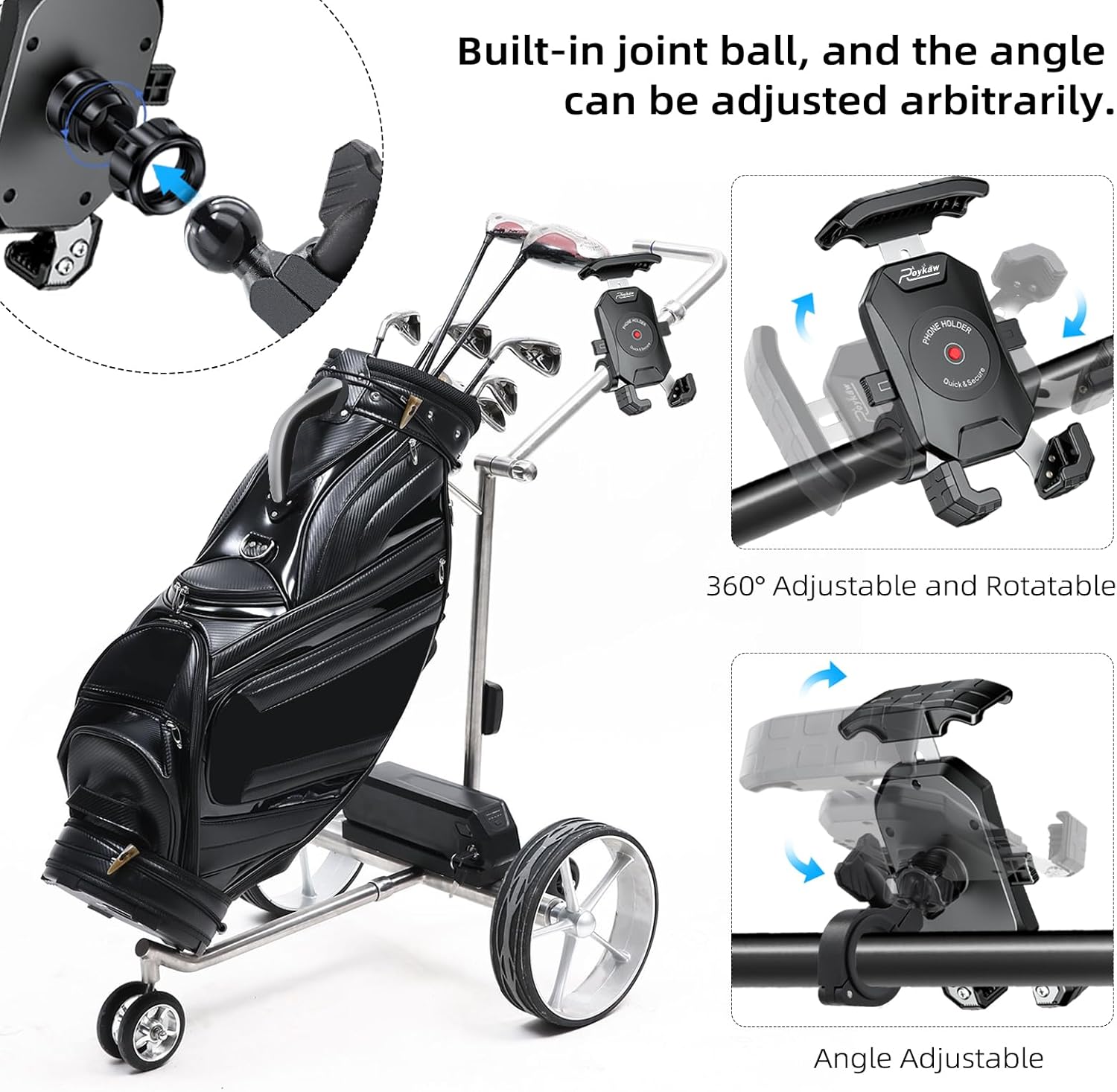 Golf Push Cart Phone Holder Mount Compatible with Caddytek,Clicgear,Sun Mountain,Rovic, Caddy, Bag Boy,Golf Push Cart Accessories for Cell Phones,Full Silicone Protection/ 360°Rotatable