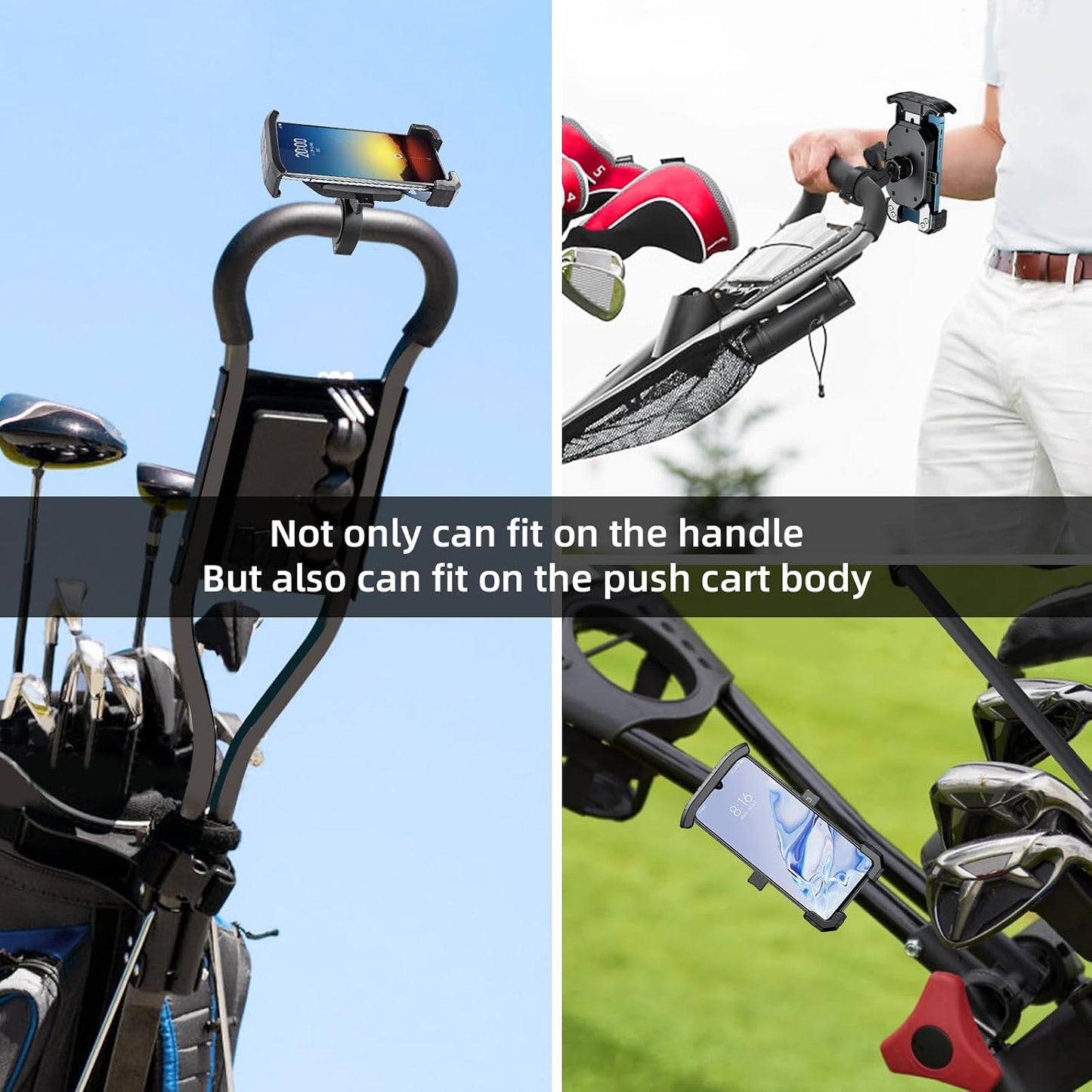 Golf Push Cart Phone Holder Mount Compatible with Caddytek,Clicgear,Sun Mountain,Rovic, Caddy, Bag Boy,Golf Push Cart Accessories for Cell Phones,Full Silicone Protection/ 360°Rotatable