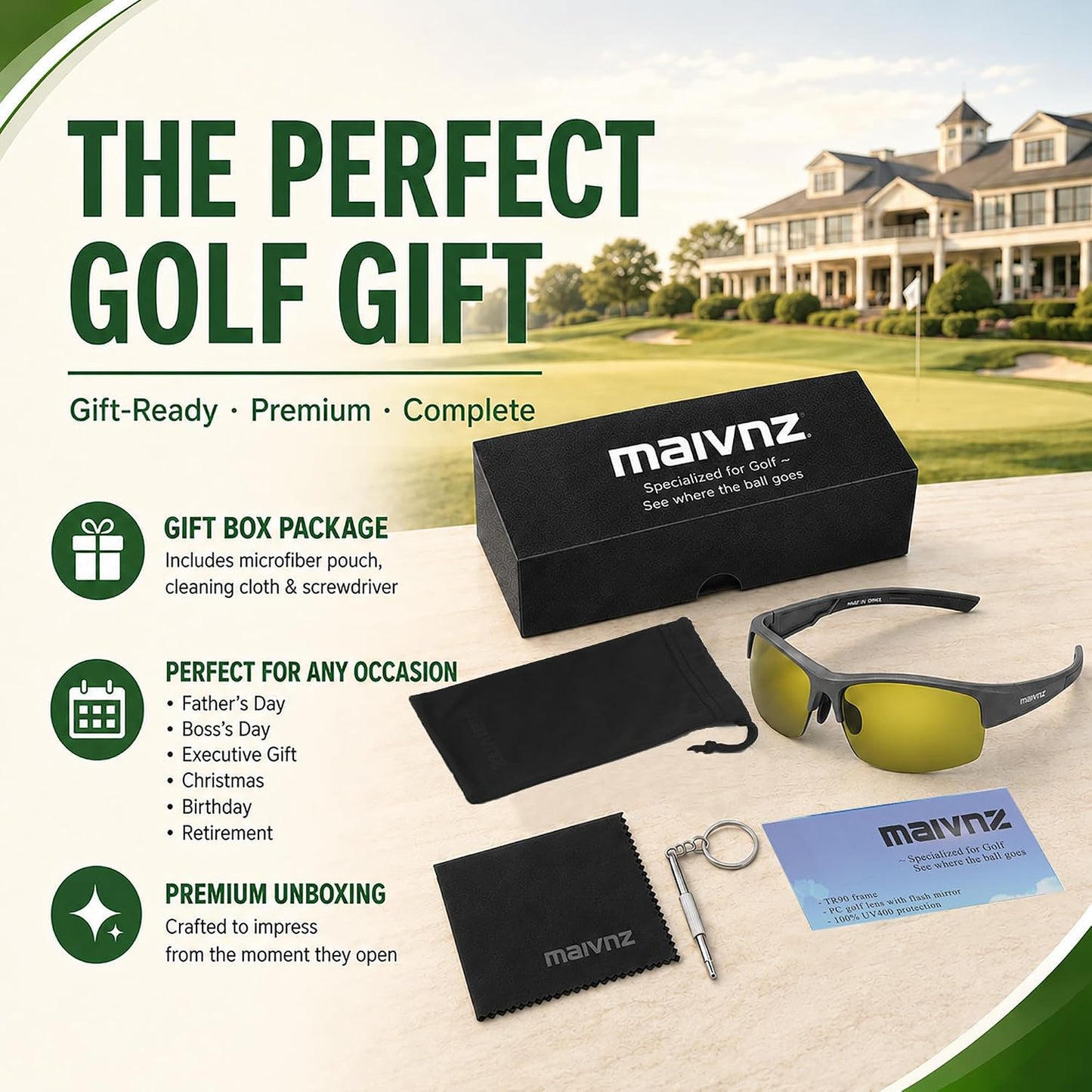 Golf Sunglasses for Men Women, Golf Ball Finder Glasses, UV400 | HD Color-Enhancing Golf Lens, Anti-Glare, Lightweight TR90 Frame, Adjustable Nose Pads, Impact-Resistant, Gift-Ready Box